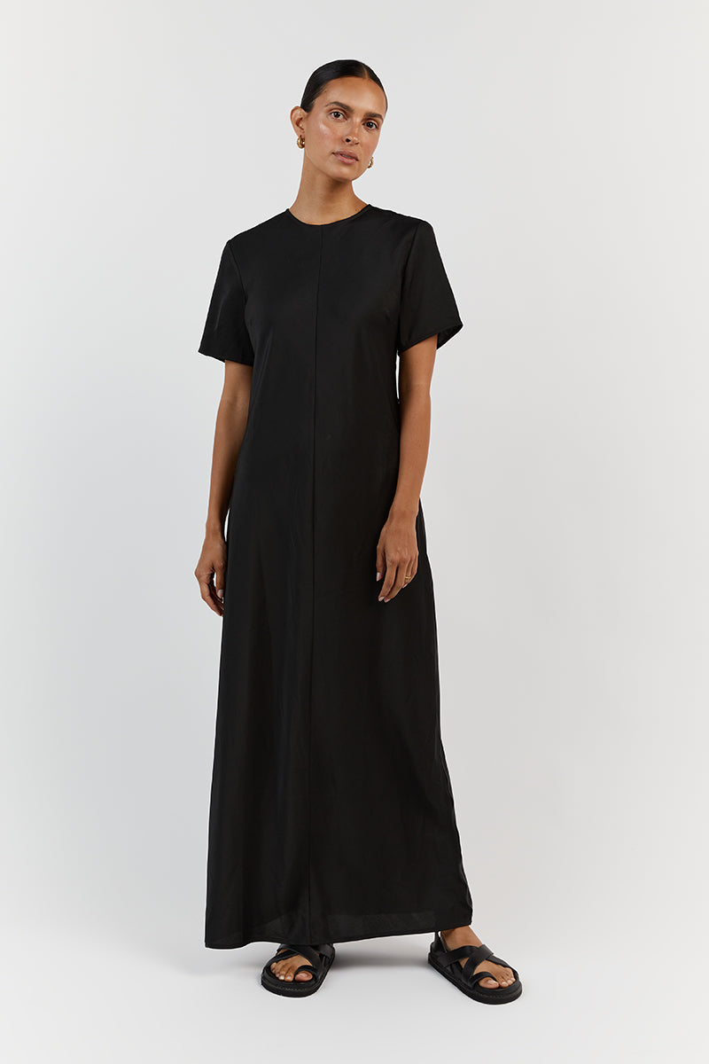 BLOOM BLACK SATIN SLEEVE MIDI DRESS