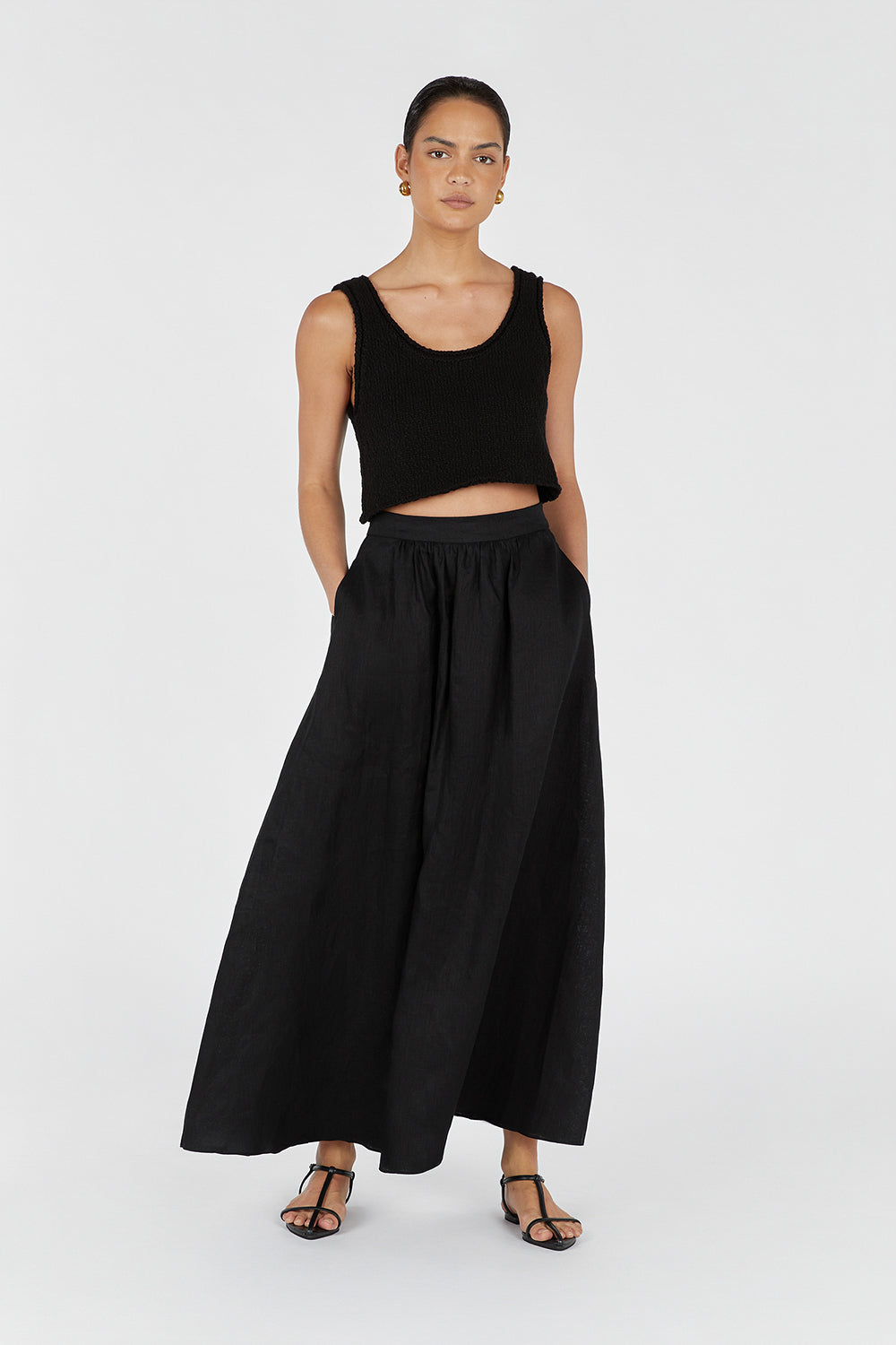 GEMIMA BLACK LINEN MIDI SKIRT