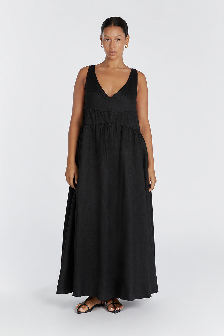 ARLO BLACK V NECK LINEN MAXI DRESS