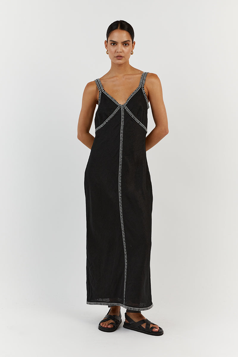 BELLA BLACK LINEN SLIP MIDI DRESS