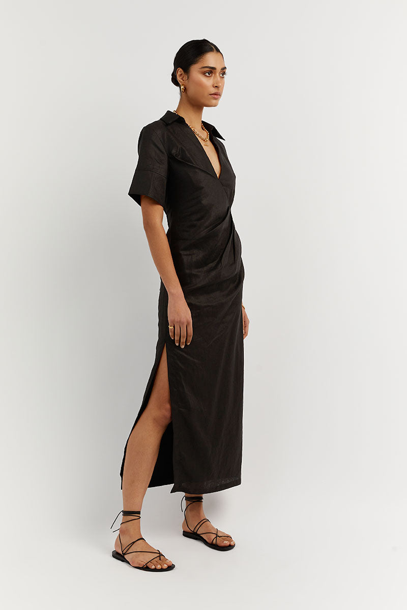 BILLIE BLACK LINEN MIDI DRESS