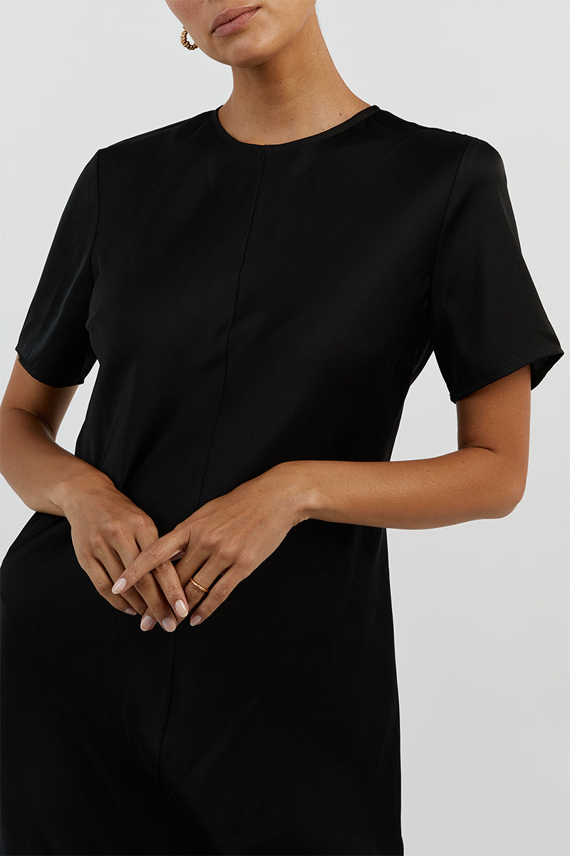 BLOOM BLACK SATIN SLEEVE MIDI DRESS