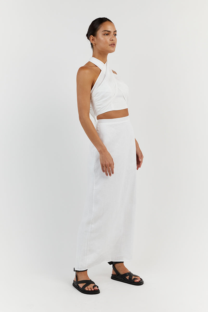 GINA WHITE LINEN HALTER CROP TOP