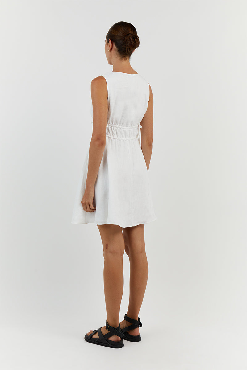 PIA WHITE LINEN LOW NECK MINI DRESS