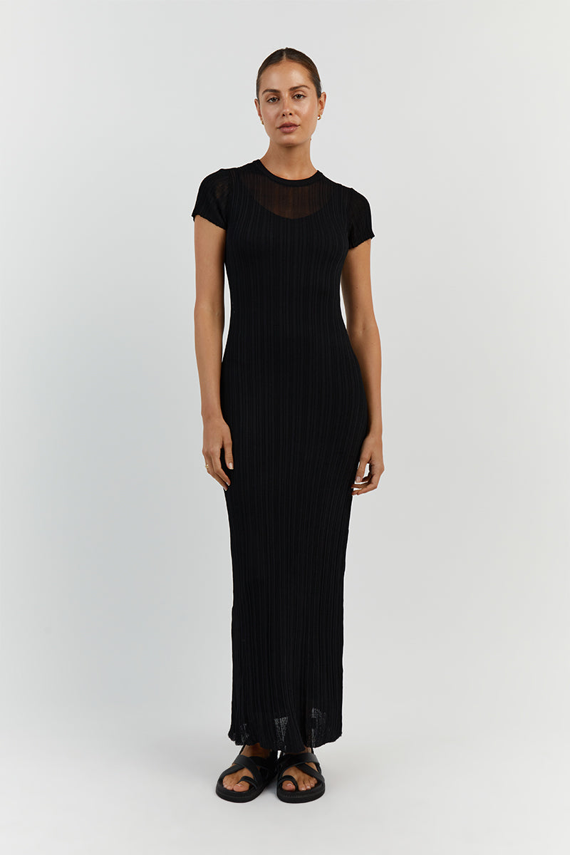 HARPER BLACK CAP SLEEVE MIDI DRESS