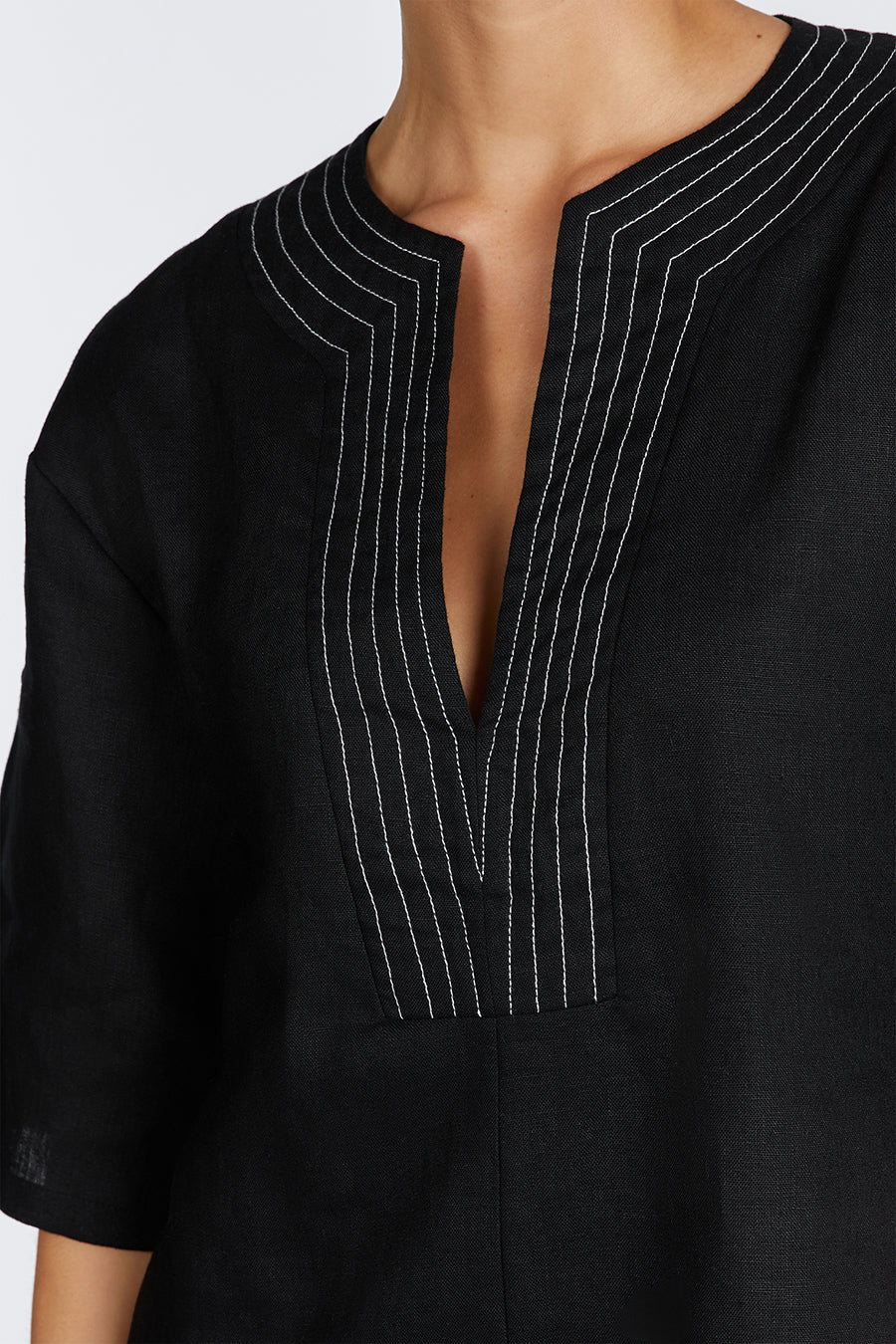 NALA BLACK LINEN MINI SMOCK DRESS