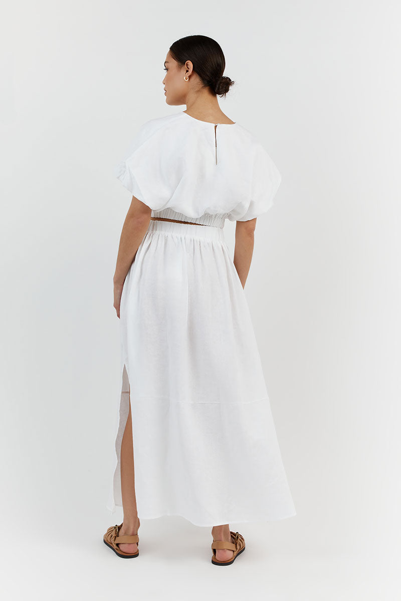 BONNIE WHITE LINEN BUBBLE CROP TOP