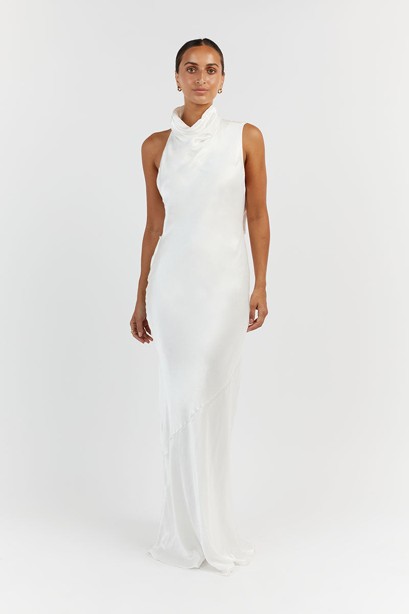 AISLE WHITE SATIN BACKLESS MIDI DRESS