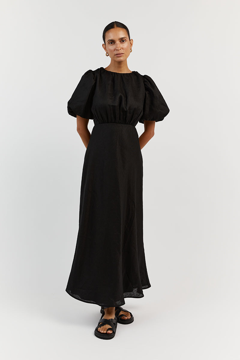 NAT BLACK LINEN GATHERED MIDI DRESS