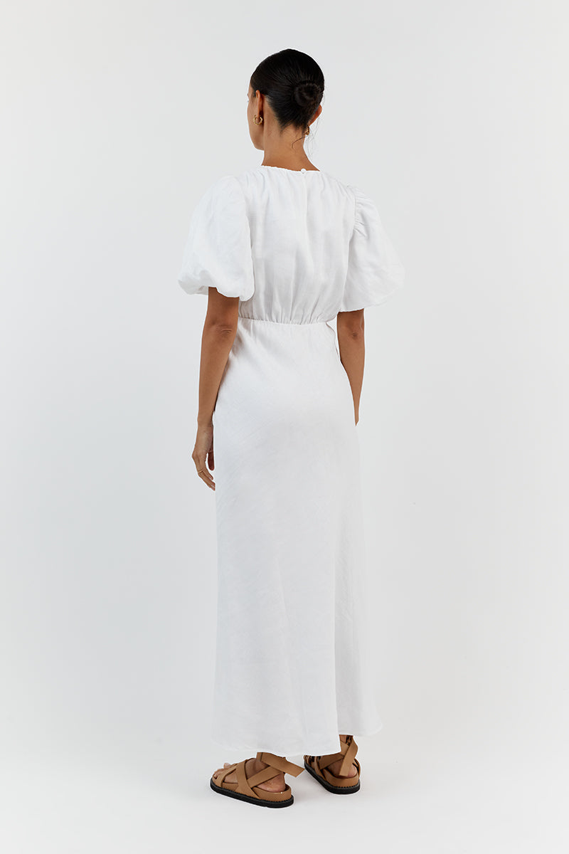 NAT WHITE LINEN GATHERED MIDI DRESS