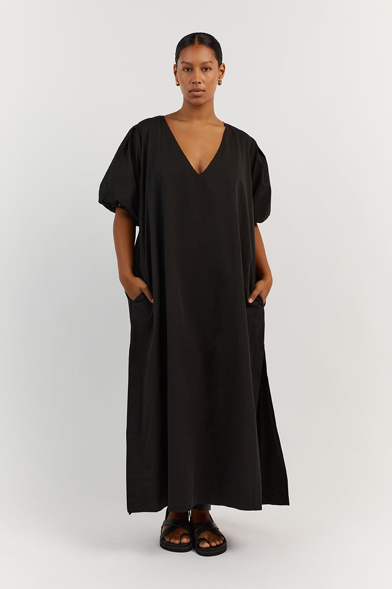 SKYLAR BLACK COTTON MIDI DRESS