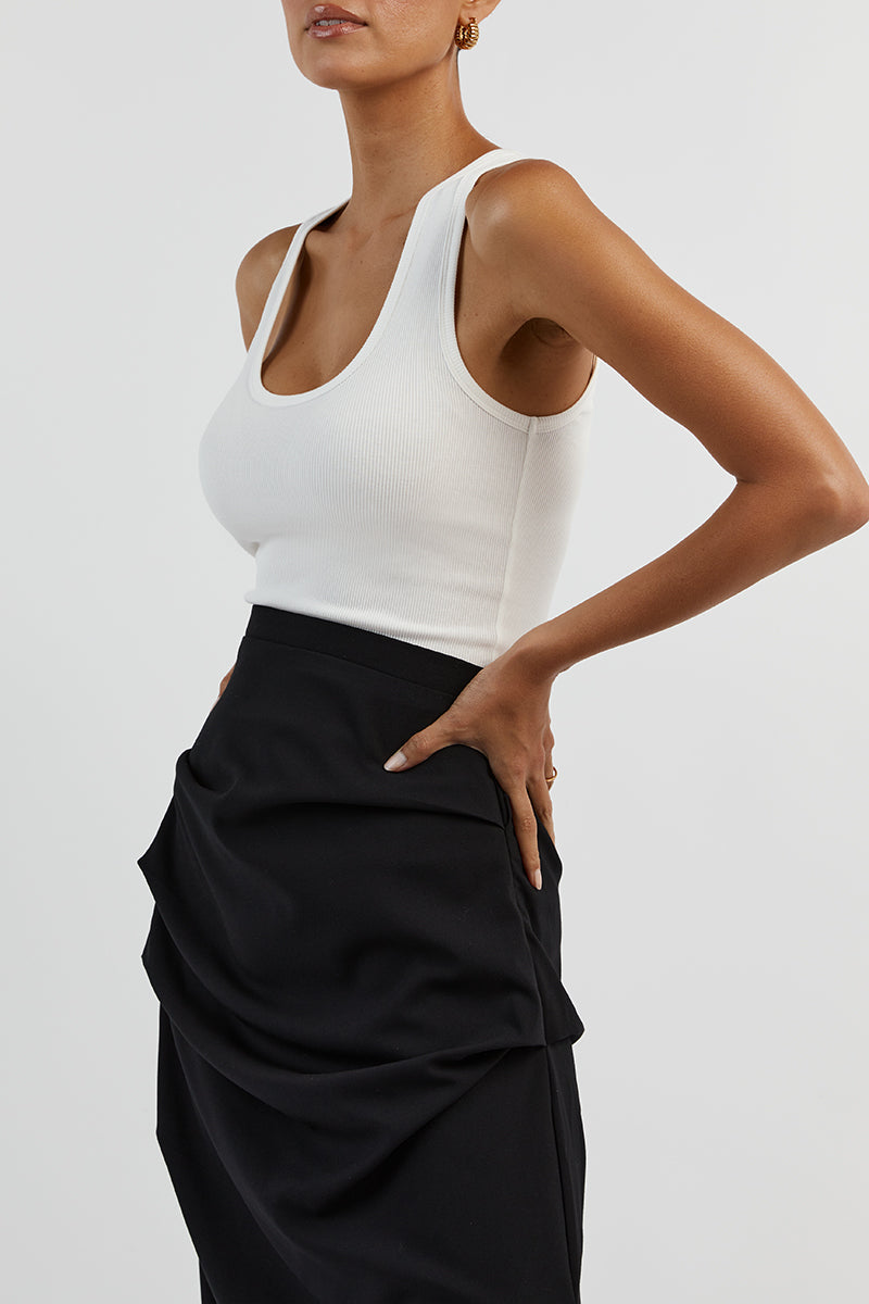 JAMIE RUCHED BLACK MIDI SKIRT