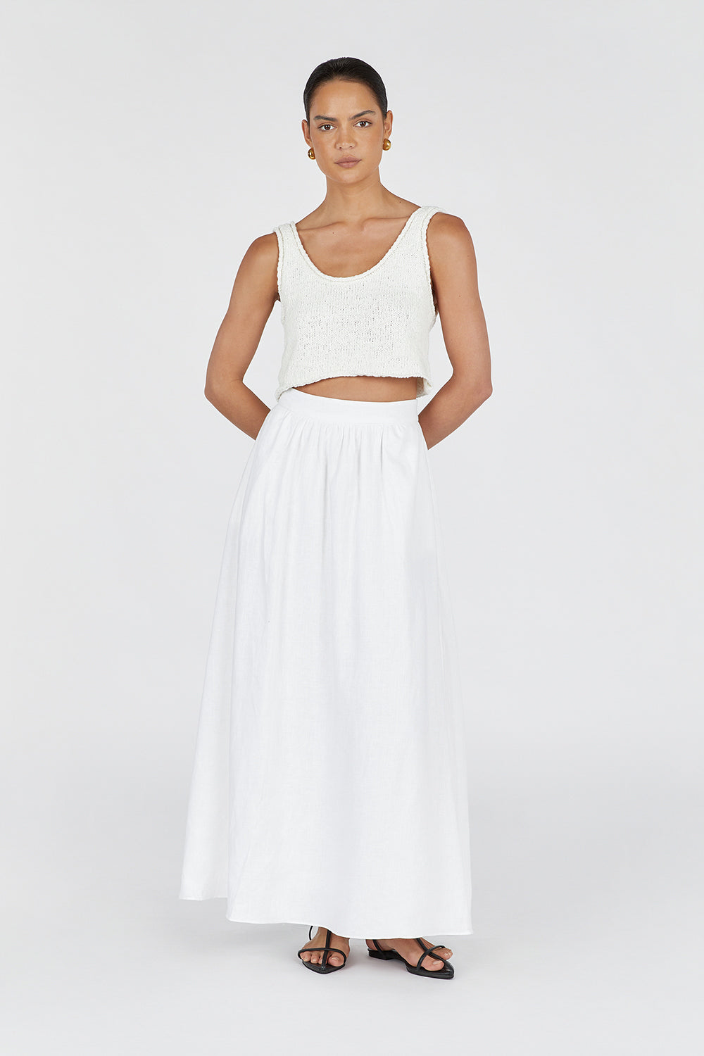 GEMIMA WHITE LINEN MIDI SKIRT
