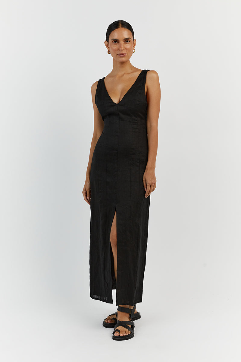 MILAHN BLACK LINEN V NECK DRESS
