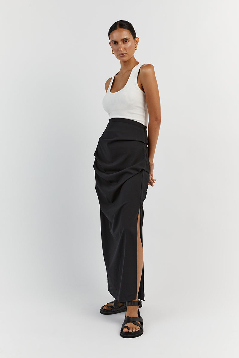 JAMIE RUCHED BLACK MIDI SKIRT