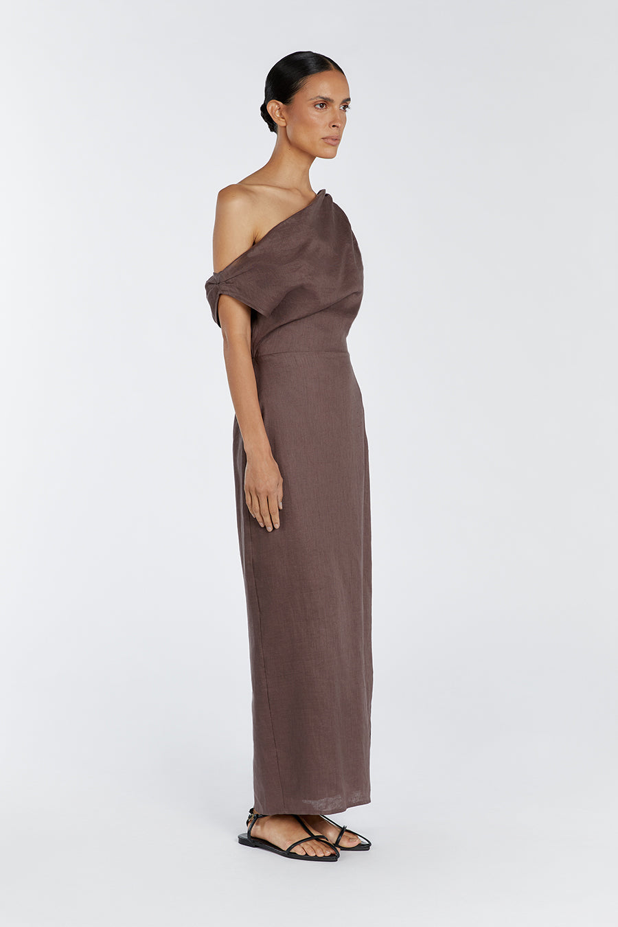 CASS CHOC LINEN ASYM MIDI DRESS