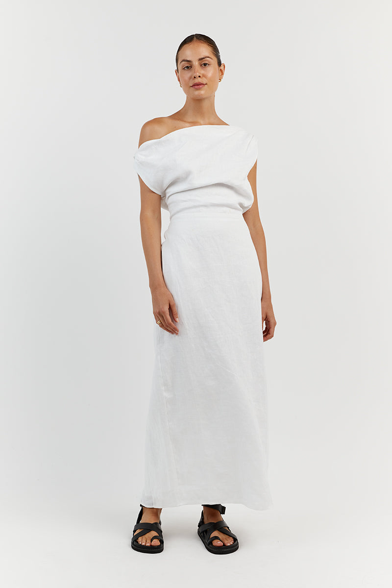 CASS WHITE ASYM LINEN MIDI DRESS