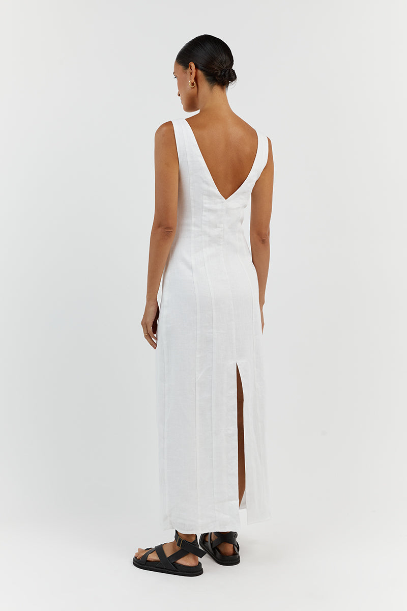 MILAHN WHITE LINEN V NECK DRESS