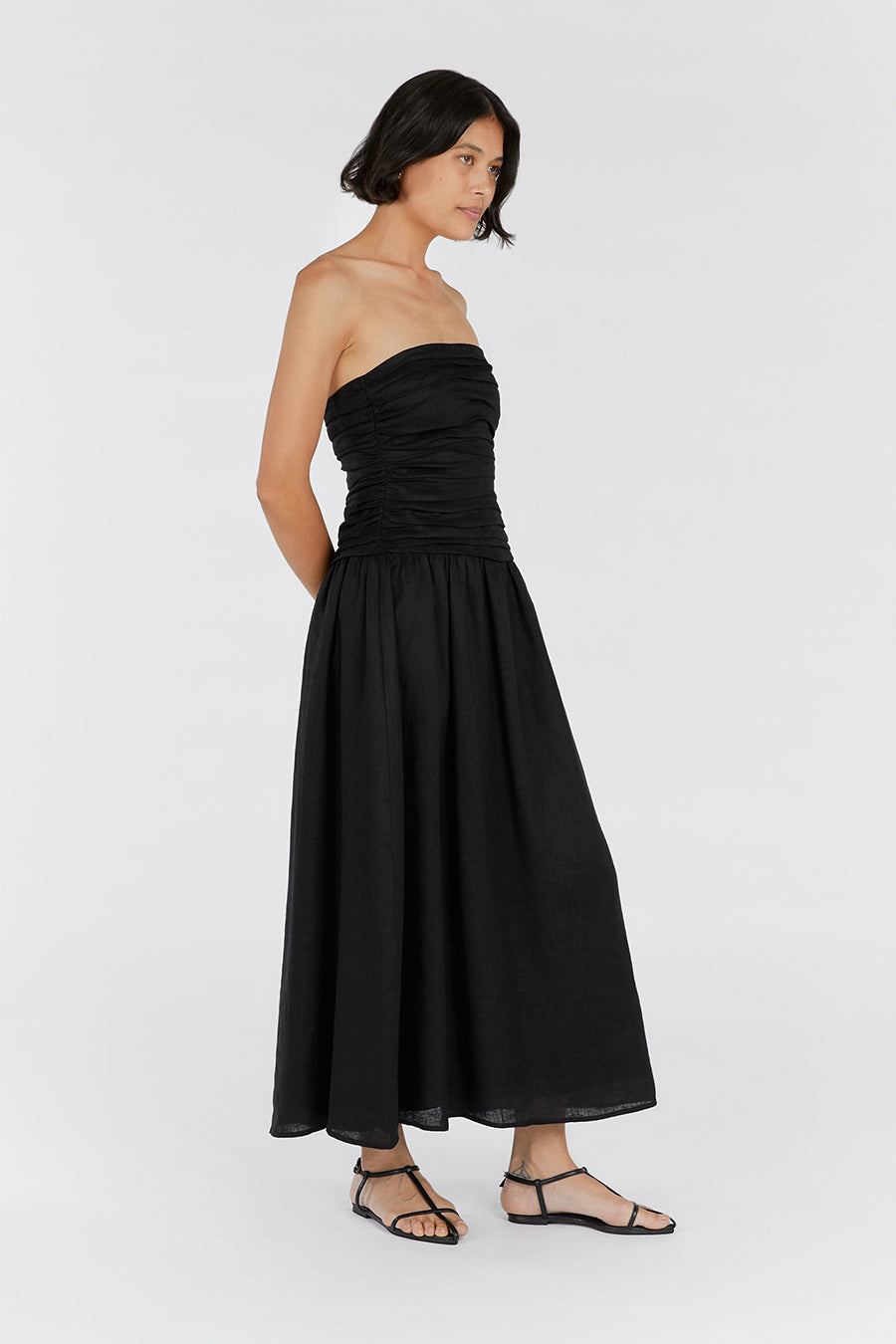 CATANIA BLACK LINEN STRAPLESS DRESS