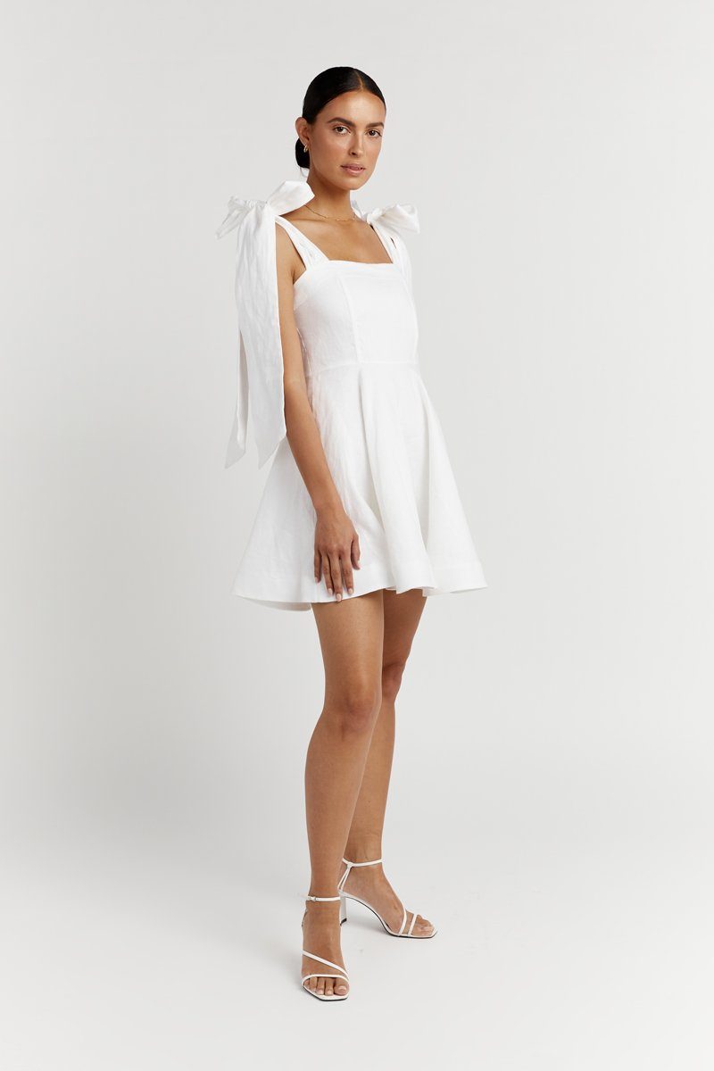 AISLE WHITE LINEN BOW MINI DRESS