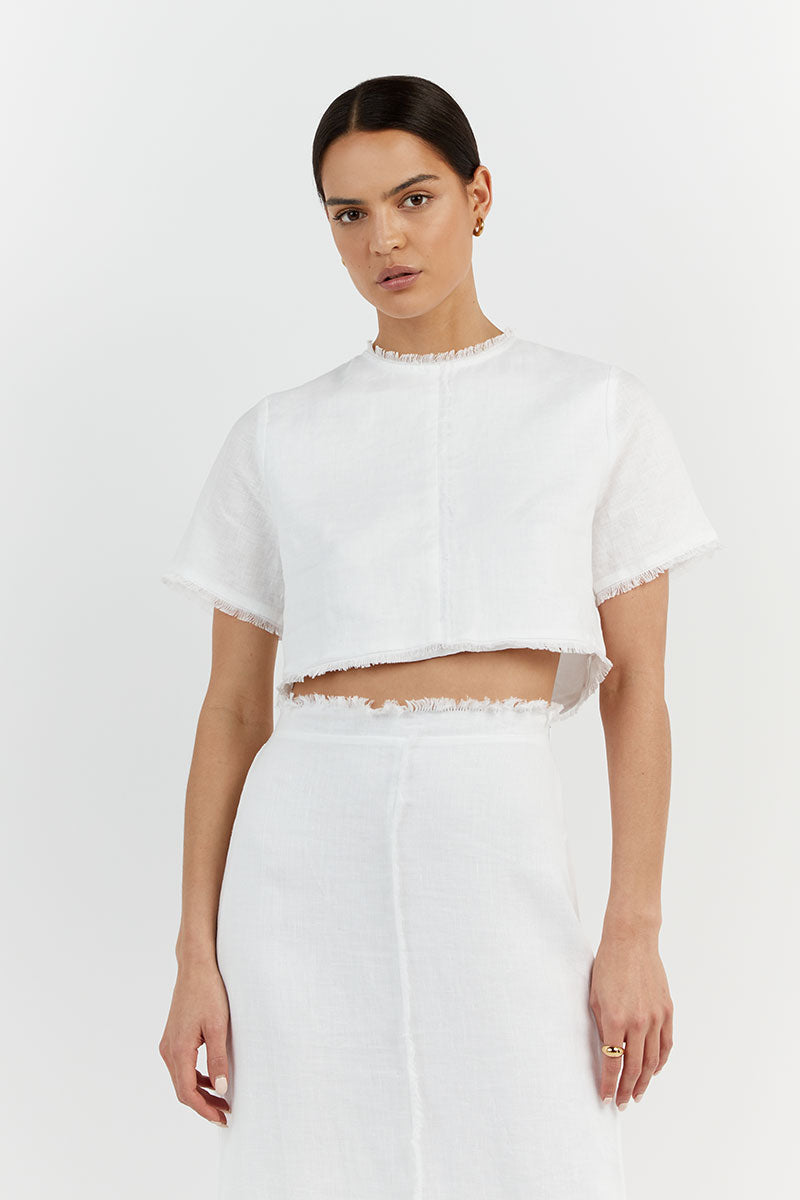 GEORGIE WHITE LINEN FRINGE CROP TOP
