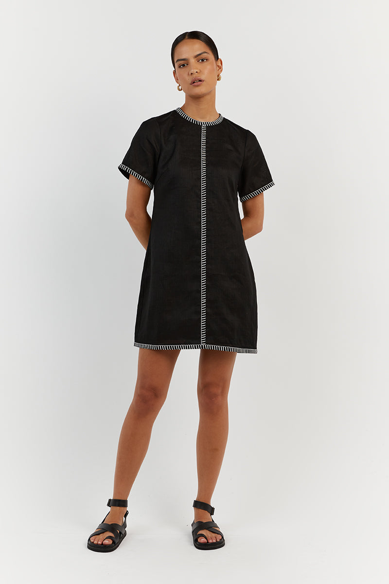 BELLA BLACK LINEN SHIFT MINI DRESS