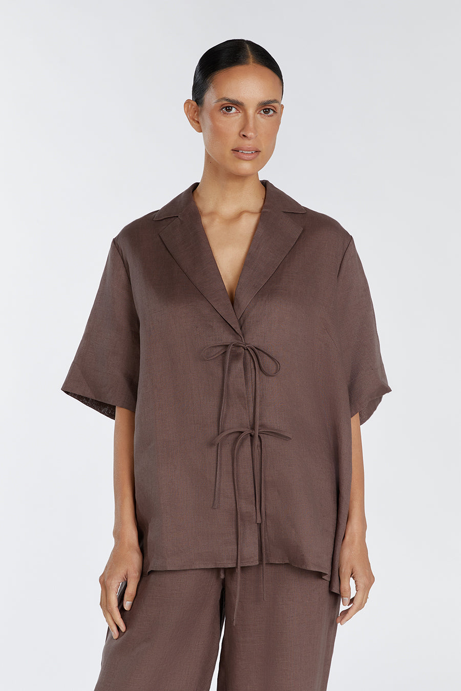EMELIA CHOCOLATE LINEN WRAP SHIRT