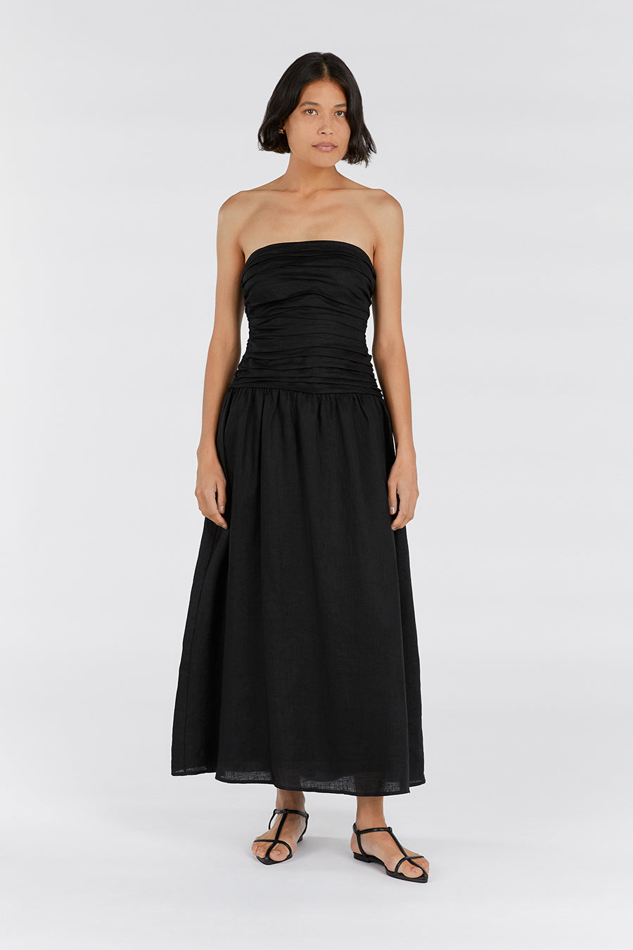 CATANIA BLACK LINEN STRAPLESS DRESS