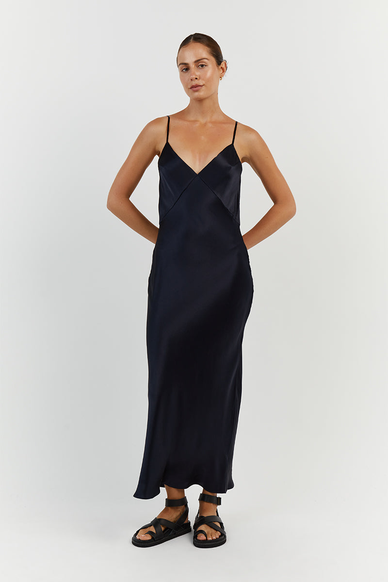 EVANS NAVY SILK PANEL SLIP DRESS
