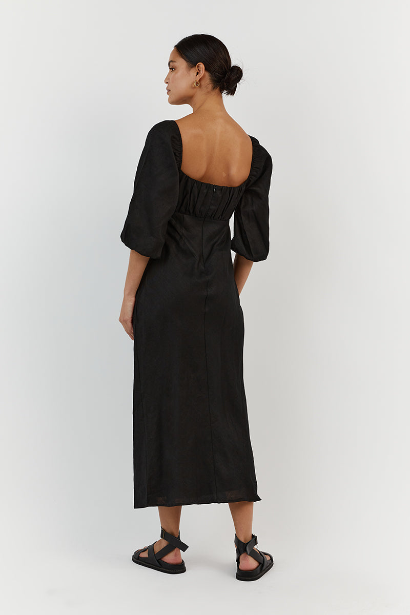 LILAH BLACK LINEN MIDI DRESS