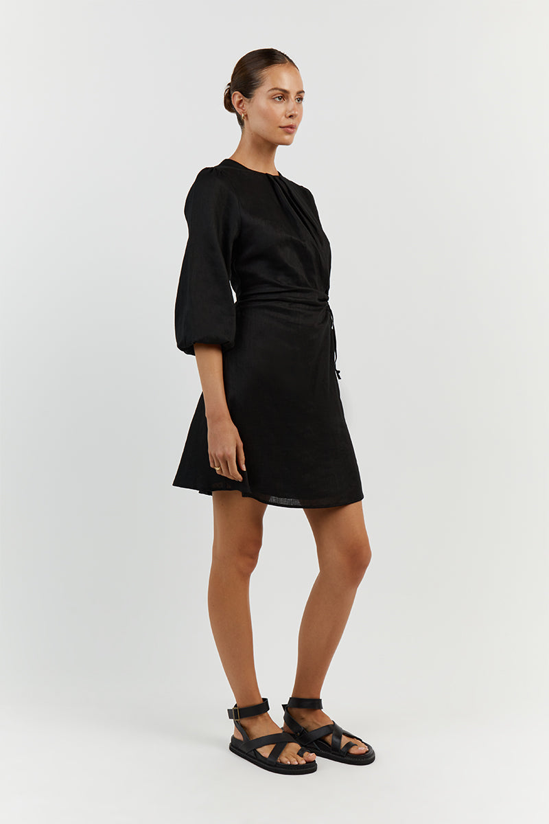 BEAU BLACK LINEN SLEEVED MINI DRESS