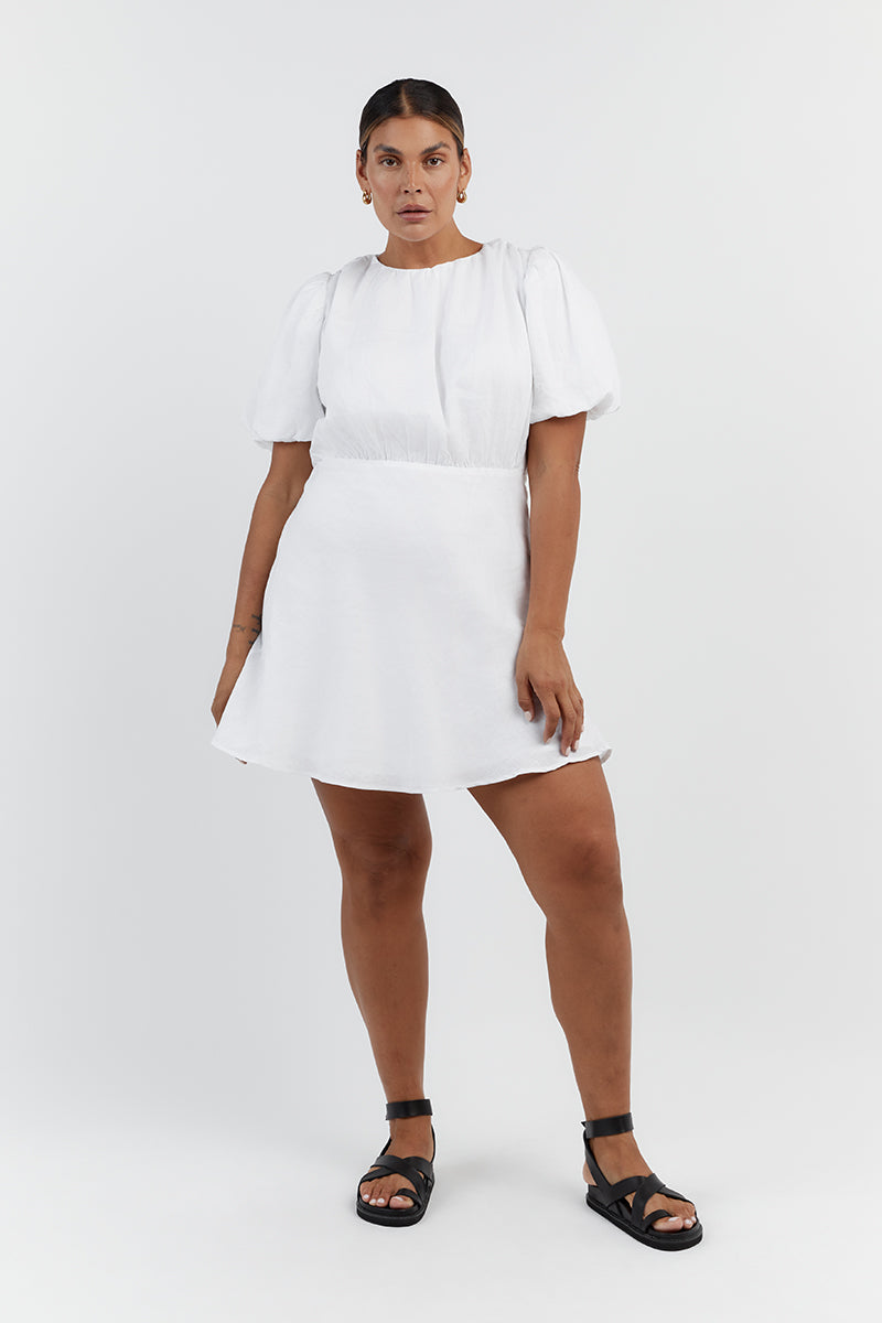 NAT WHITE GATHERED LINEN MINI DRESS