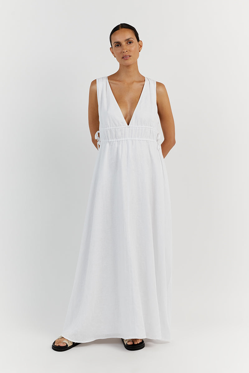 PIA WHITE LINEN LOW NECK MIDI DRESS