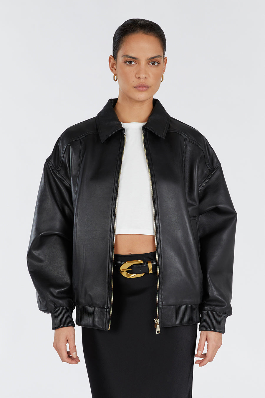 HUTTON BLACK LEATHER BOMBER JACKET
