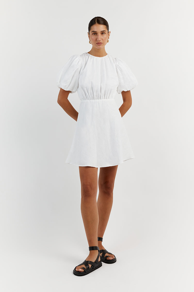 NAT WHITE GATHERED LINEN MINI DRESS