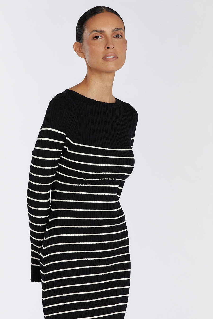 BILLIE BLACK STRIPE LONG SLEEVE MIDI DRESS