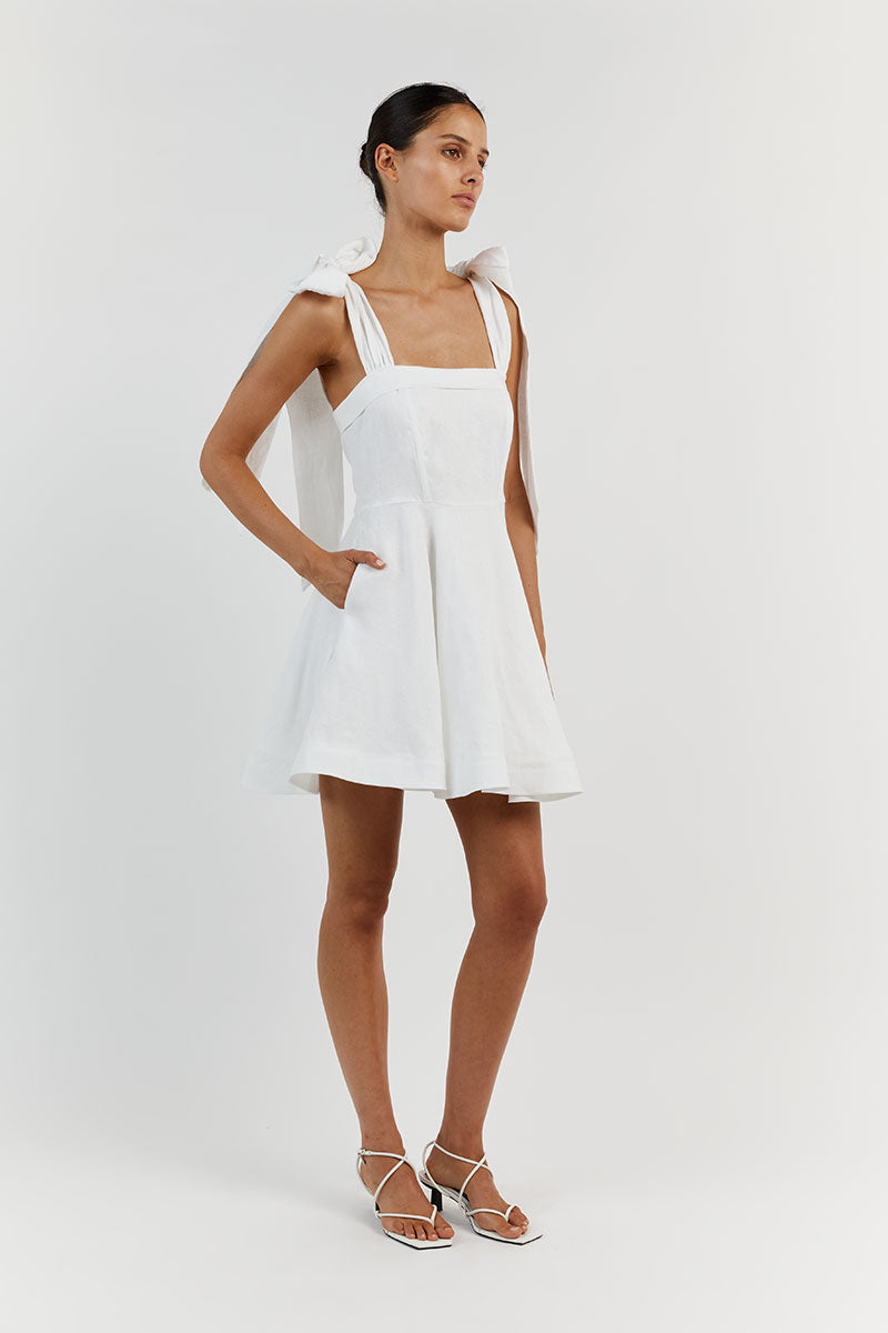 AISLE WHITE LINEN BOW MINI DRESS