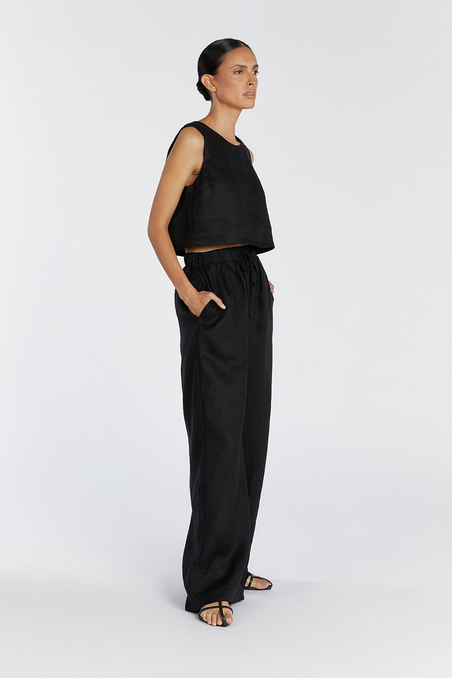 GINA BLACK LINEN ELASTIC WAIST PANT