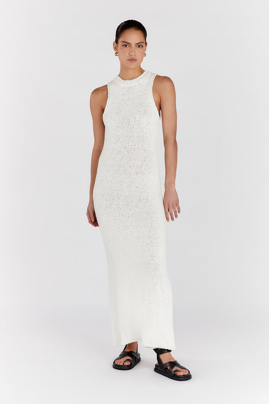 DION OFF WHITE BOUCLE CREW MAXI DRESS