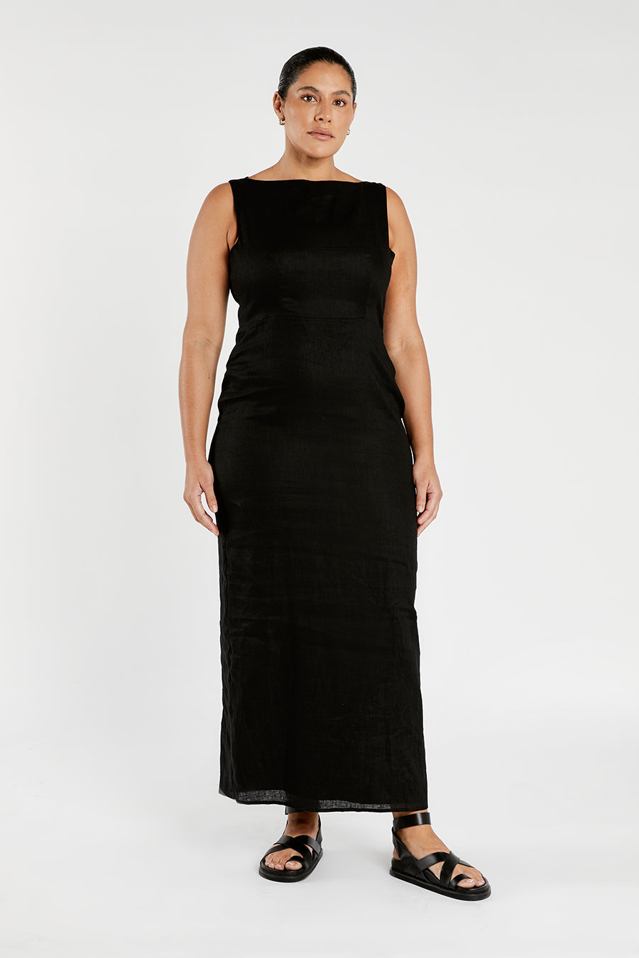 TYLA BLACK LINEN MIDI DRESS