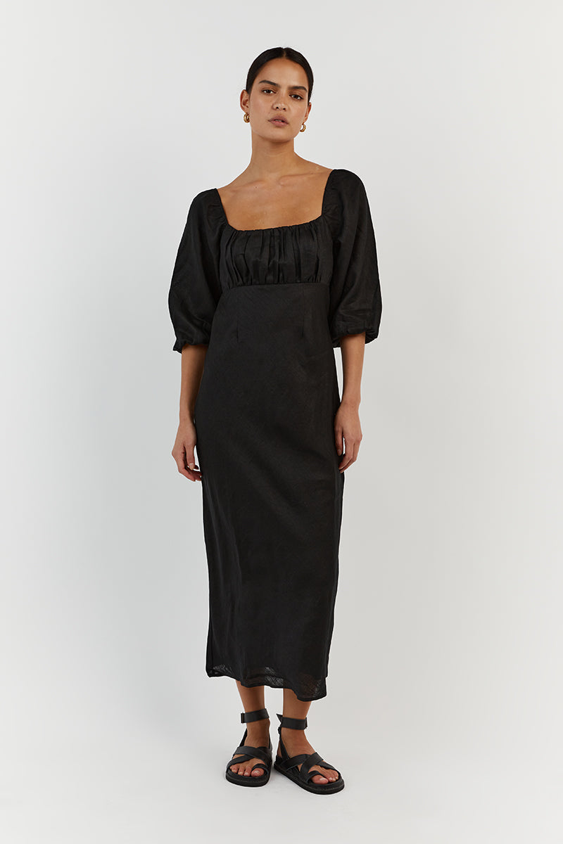LILAH BLACK LINEN MIDI DRESS