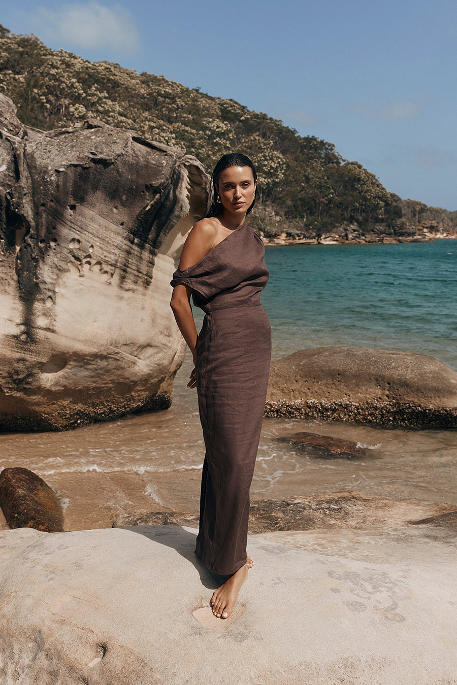 CASS CHOC LINEN ASYM MIDI DRESS