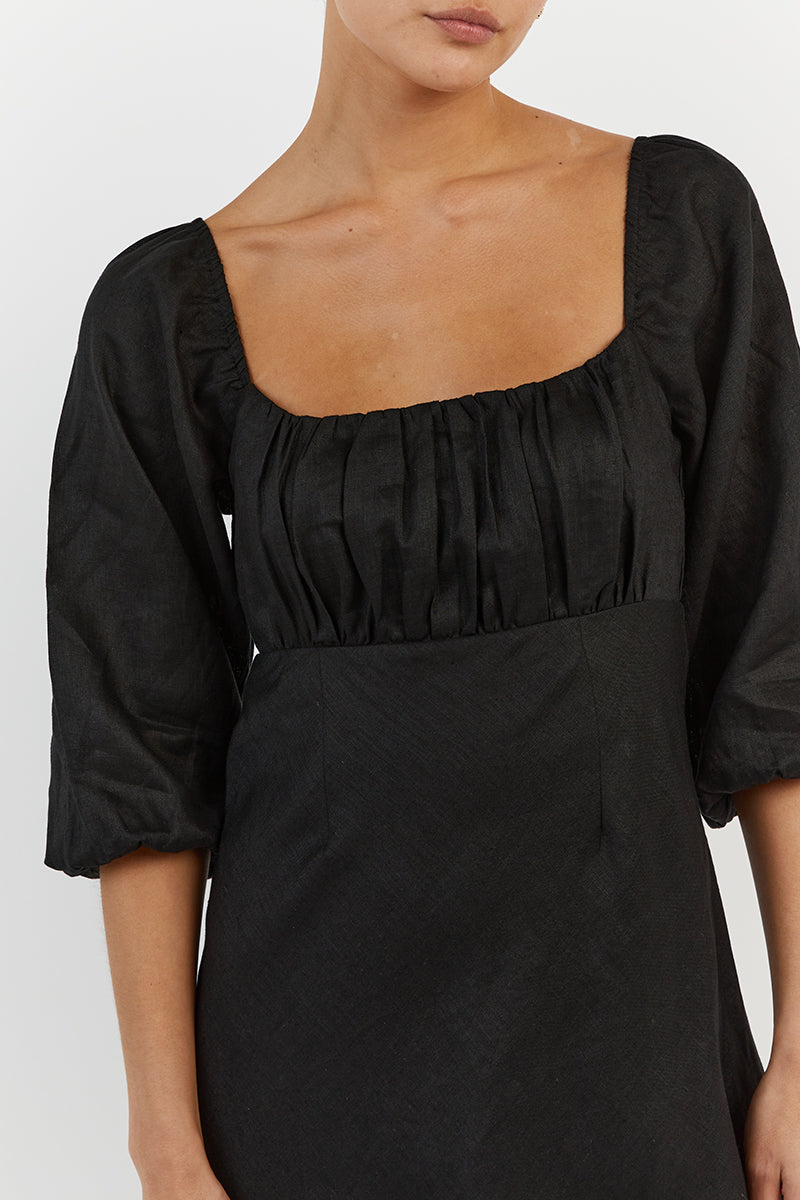 LILAH BLACK LINEN MIDI DRESS