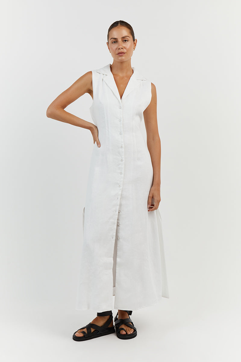 DREW WHITE LINEN SLEEVELESS DRESS