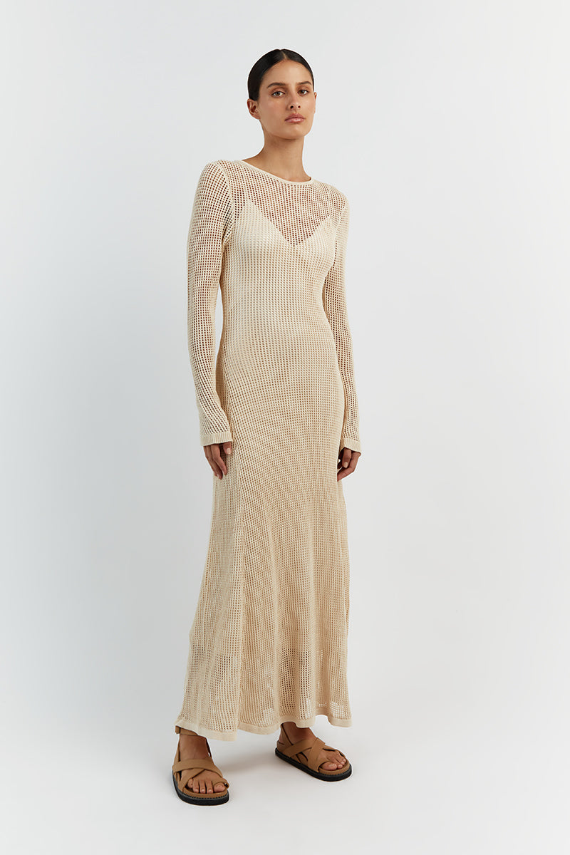 OPHELIA NATURAL LONG SLEEVE CROCHET MAXI DRESS