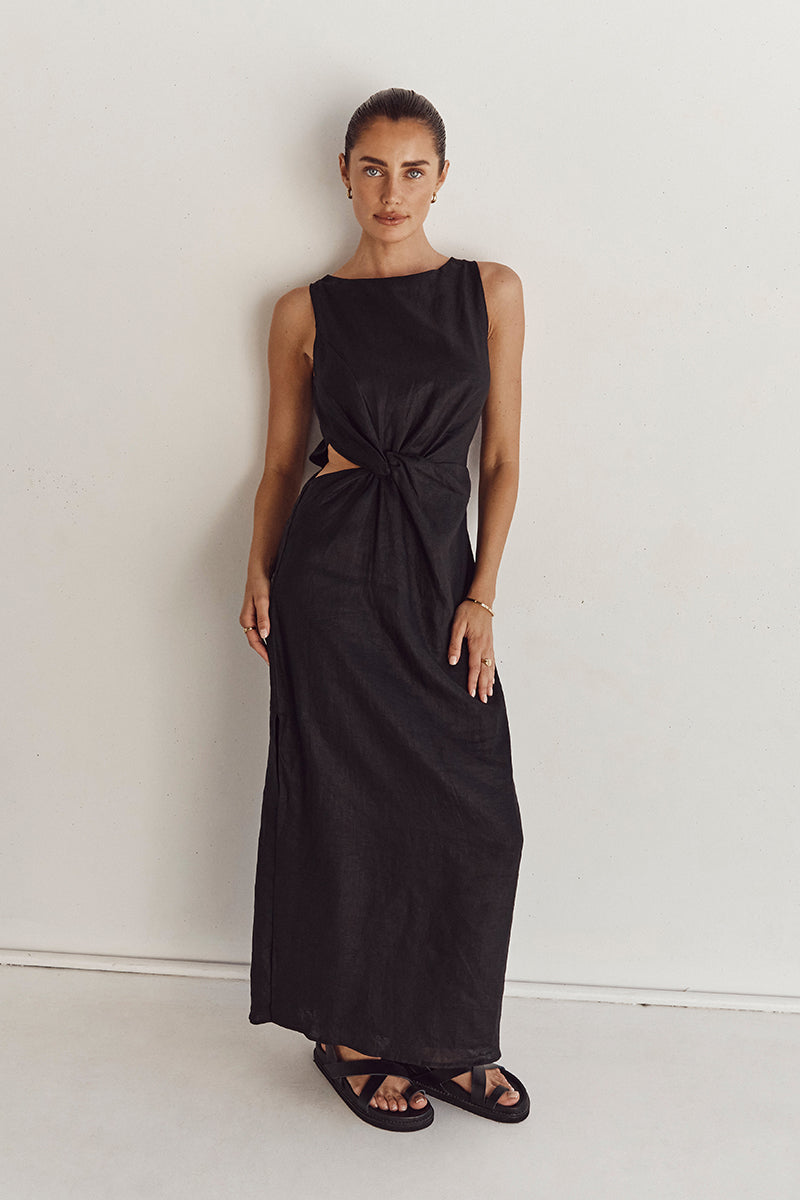 LEILANI BLACK LINEN MIDI DRESS