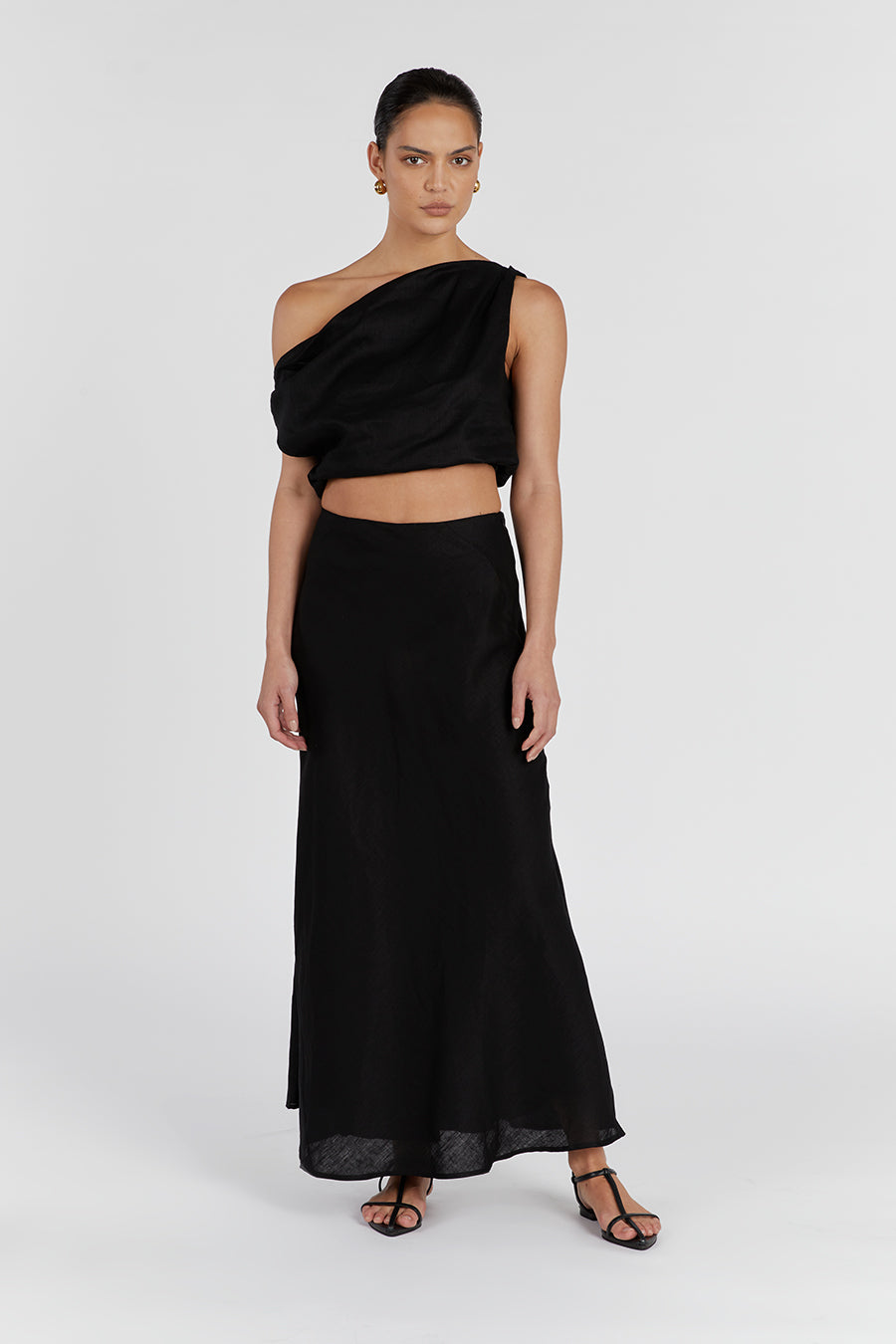 SYRAH BLACK LINEN MIDI SKIRT