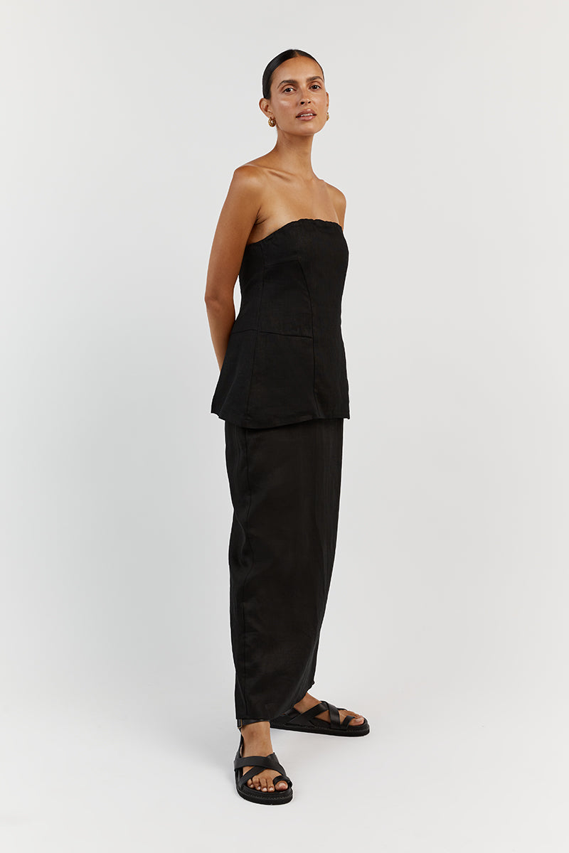 LARA BLACK LINEN STRAPLESS TOP