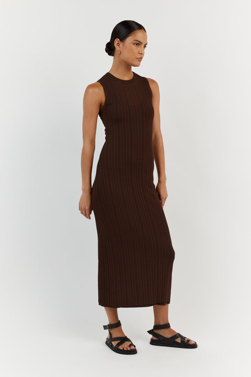 HARPER COFFEE SLEEVELESS MIDI DRESS