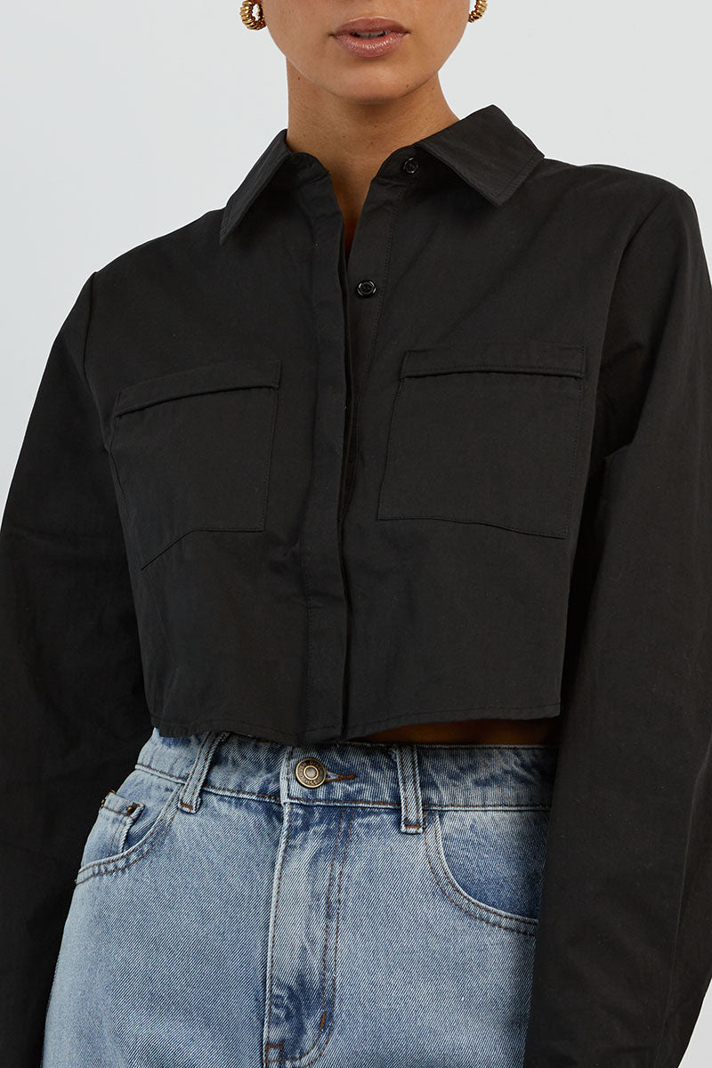 JORDY BLACK COTTON CROPPED SHIRT